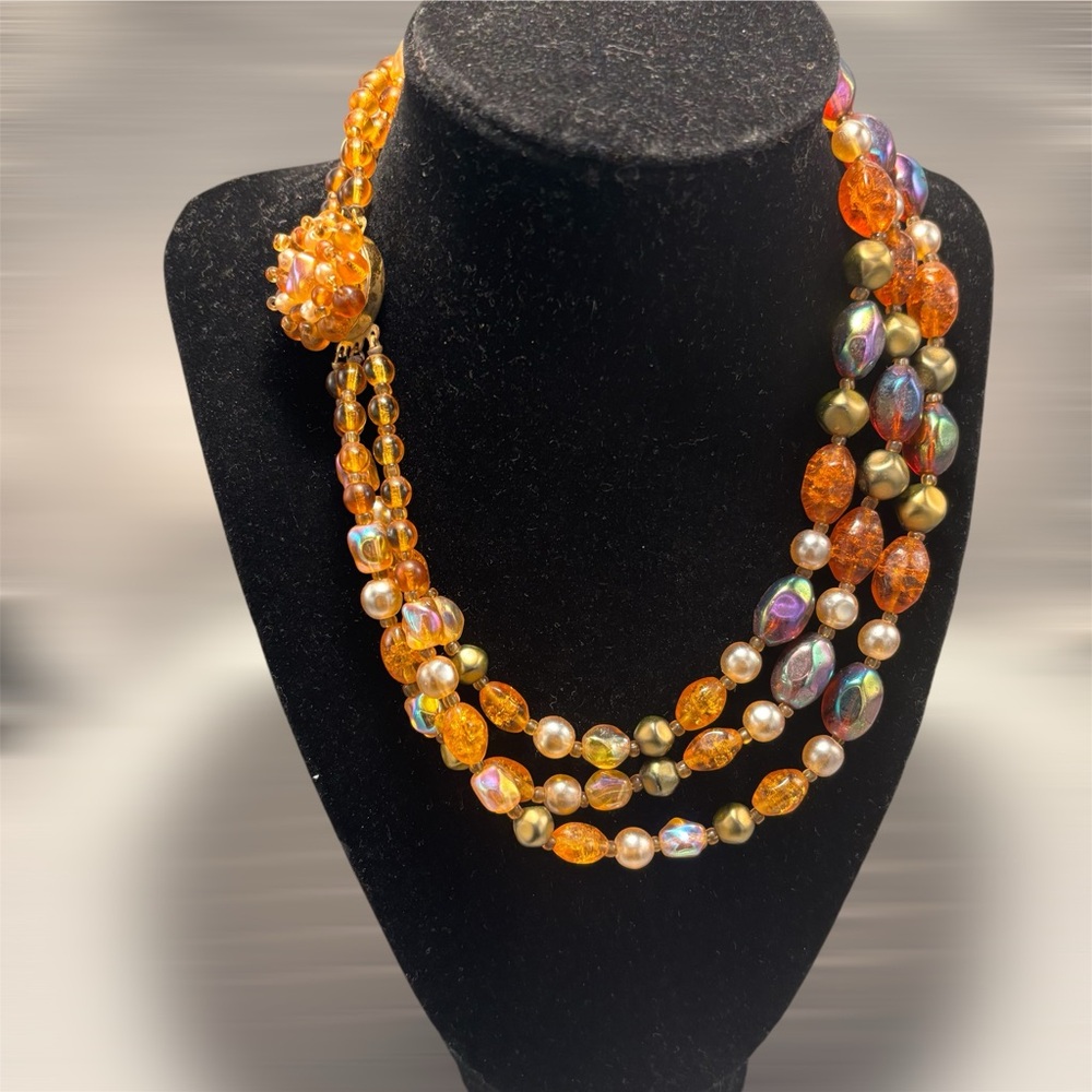 Amber 3 Strand Necklace Triple Strand with Beaded Front or Back Clasp - Picture 4 of 7